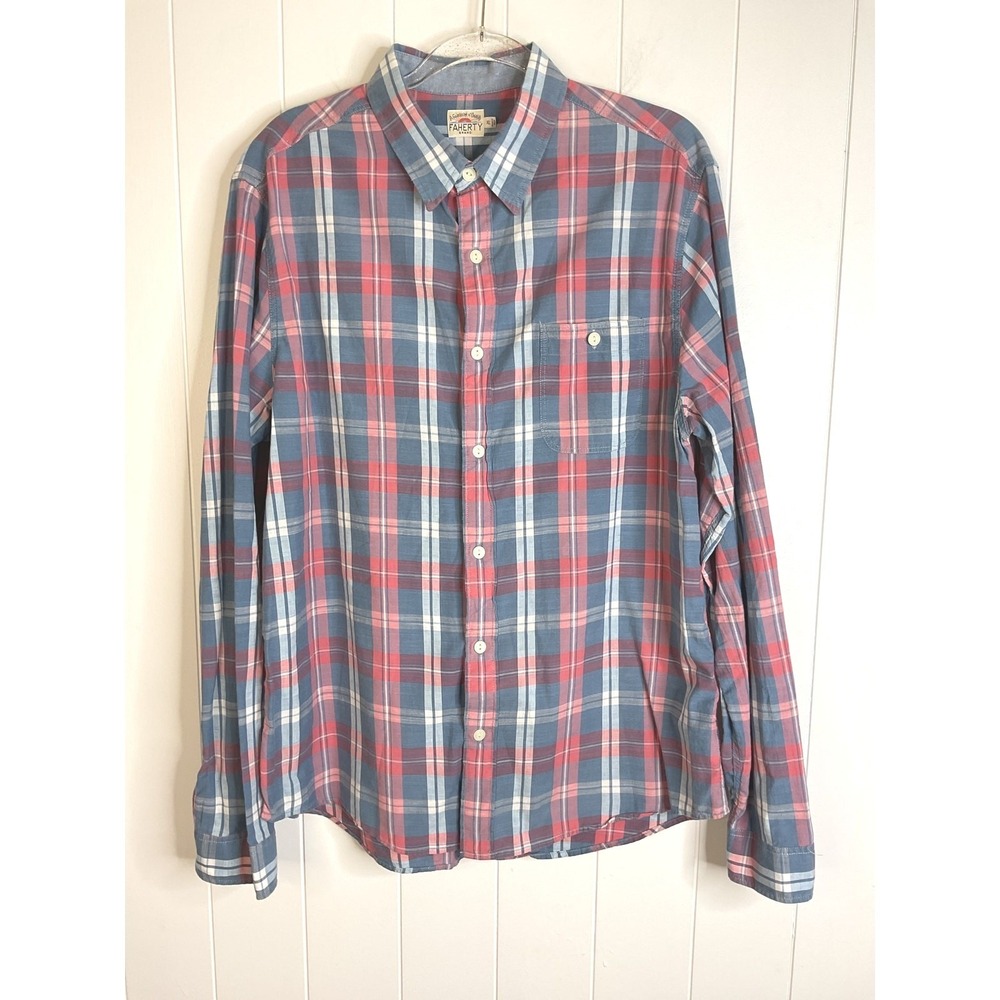 Faherty Long Sleeve 100% Cotton Button Down Shirt in Blue/Pink Plaid Size XL